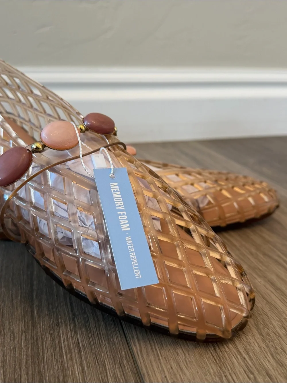 Cushionaire Tan Jelly Flats with Pink Stone Strap